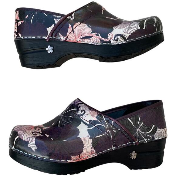 Sanita Patent Leather Clogs EU 35, US 4 Floral Purple White Black Slip On - Picture 2 of 16